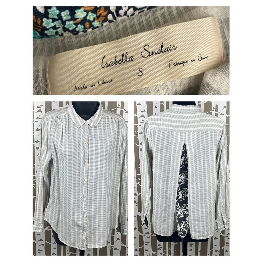 Anthropologie Isabella Sinclair Ivory & Grey Striped Button Down Shirt w Lace Pa